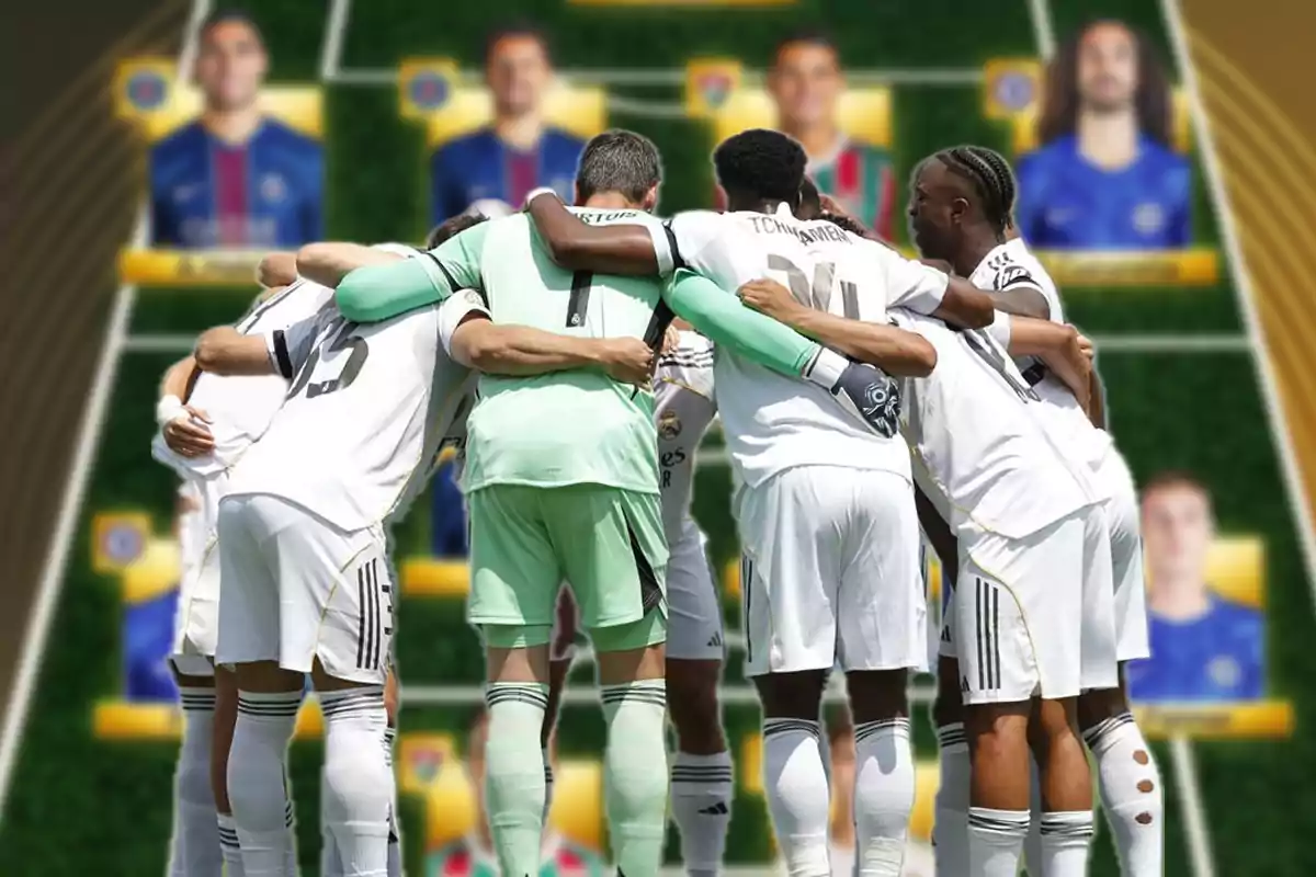 Jugadores de fútbol vestidos de blanco abrazados en círculo sobre un fondo borroso de cartas de jugadores