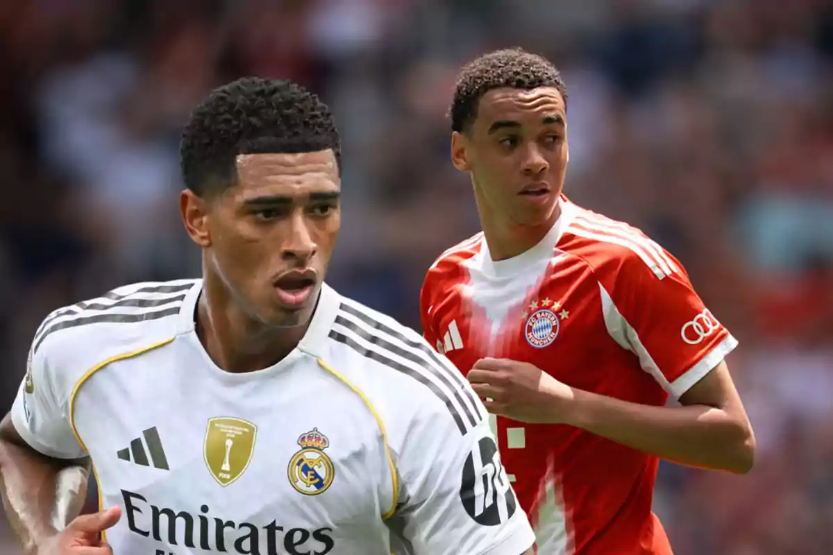 Dos futbolistas en acción, uno con el uniforme blanco del Real Madrid y otro con el uniforme rojo del Bayern Múnich, en un estadio durante un partido