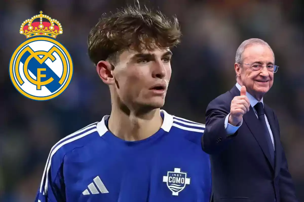 Un futbolista con el uniforme del Como, el escudo del Real Madrid a la izquierda y un hombre mayor con traje haciendo una señal de aprobación con el pulgar arriba.