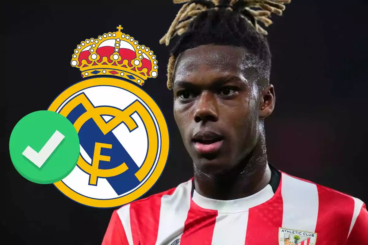 Soccer player wearing an Athletic Club jersey next to the Real Madrid crest and a green verification icon