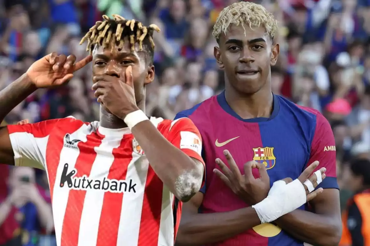 Dos futbolistas jóvenes celebran con gestos distintivos, uno con uniforme del Athletic Club y otro con uniforme del FC Barcelona, en un estadio lleno de aficionados.