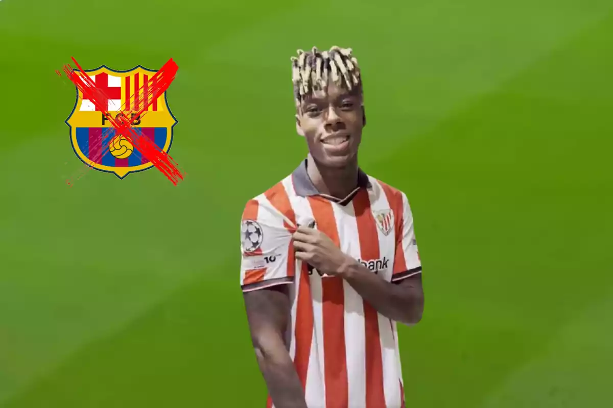 Smiling Athletic Club player pointing to the badge on his jersey with the FC Barcelona logo crossed out in the background on a green soccer field