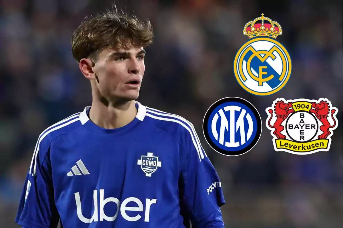 Soccer player in a blue Como uniform with the crests of Real Madrid, Inter Milan, and Bayer Leverkusen next to him