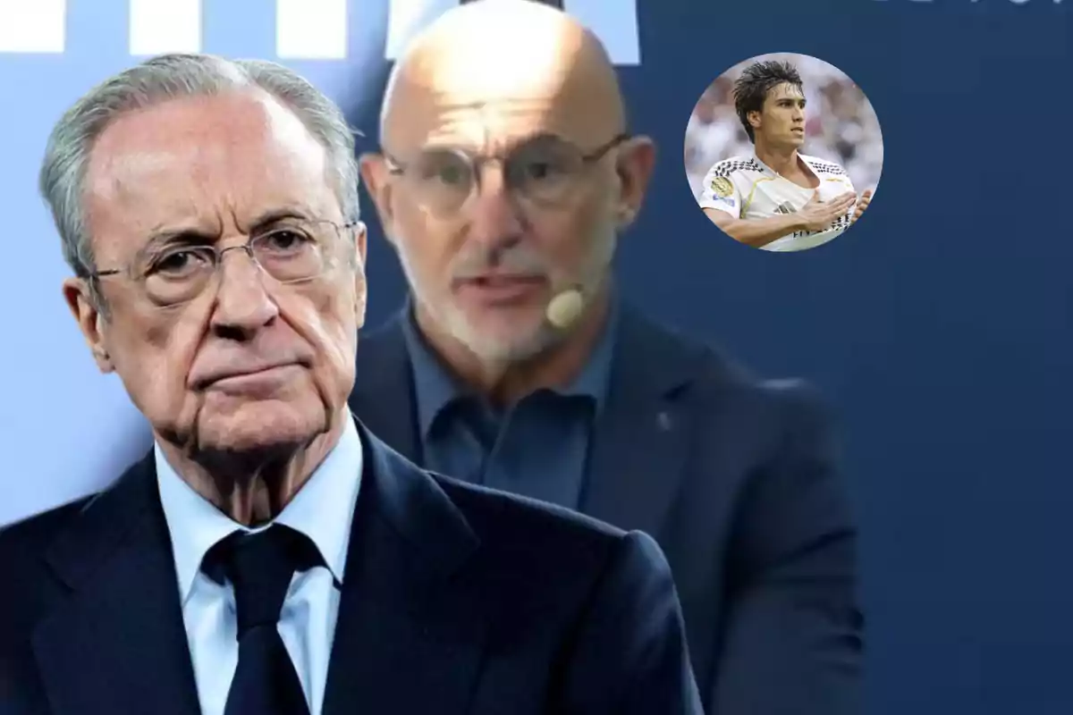 Older man with gray hair and glasses in the foreground with a serious expression, behind him a bald man with glasses and a microphone, and in the top right corner a box with a player applauding.