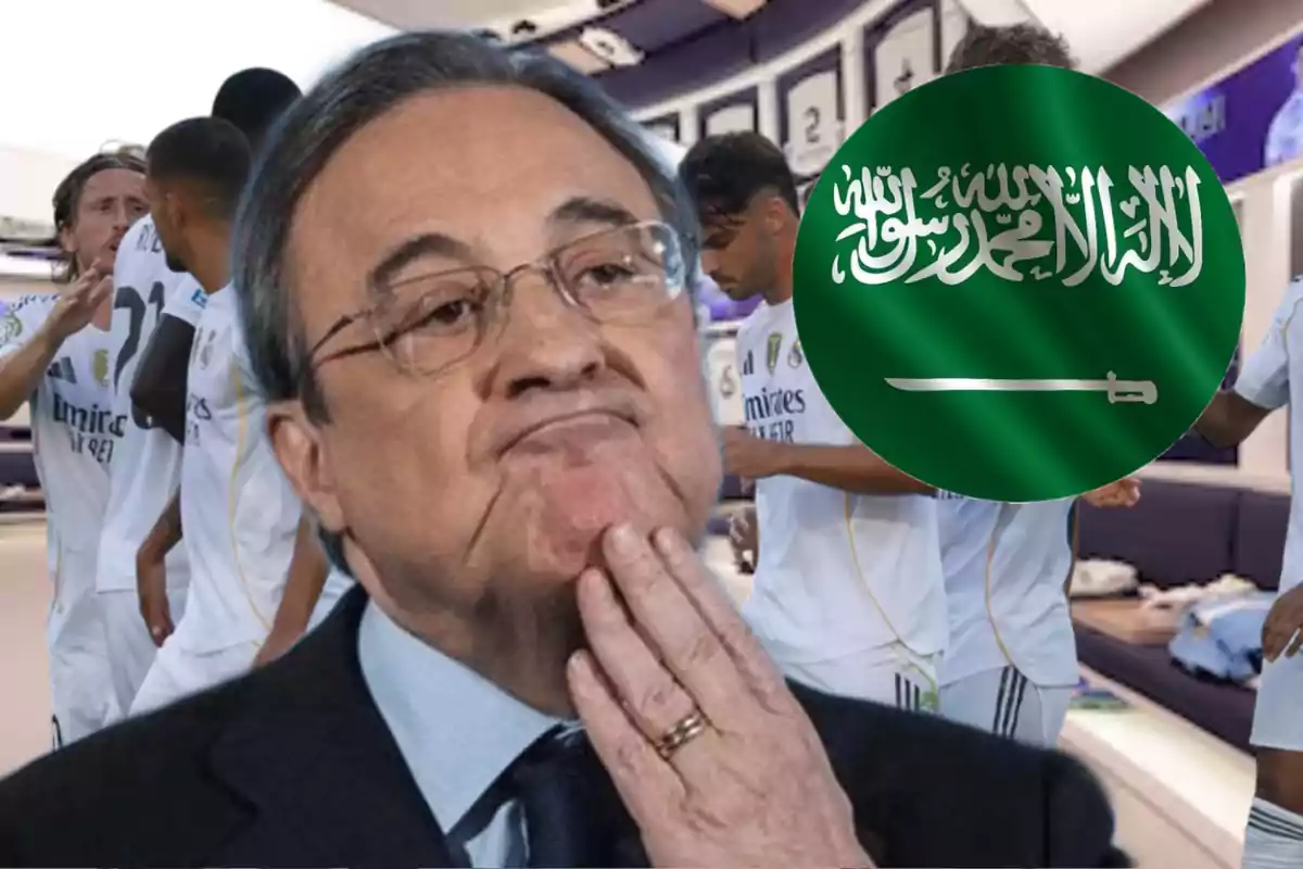 Hombre pensativo en primer plano con jugadores de fútbol en el vestuario y un círculo con la bandera de Arabia Saudita