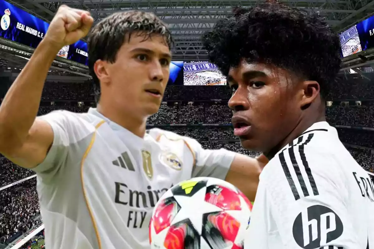 Dos futbolistas del Real Madrid celebran en un estadio lleno mientras uno de ellos sostiene un balón
