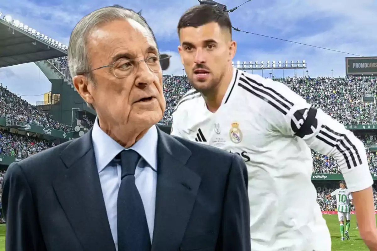 Hombre de traje y jugador de fútbol del Real Madrid en un estadio lleno de aficionados