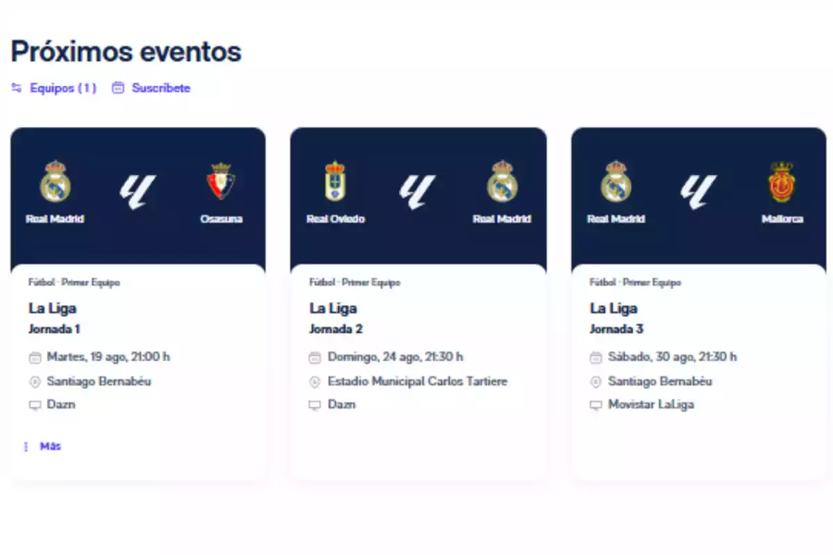 Schedule of upcoming soccer matches showing the games between Real Madrid and Osasuna, Real Oviedo and Real Madrid, and Real Madrid against Mallorca with dates, times, venues, and broadcast channels Schedule of upcoming soccer matches showing the games between Real Madrid and Osasuna, Real Oviedo and Real Madrid, and Real Madrid against Mallorca with dates, times, venues, and broadcast channels
