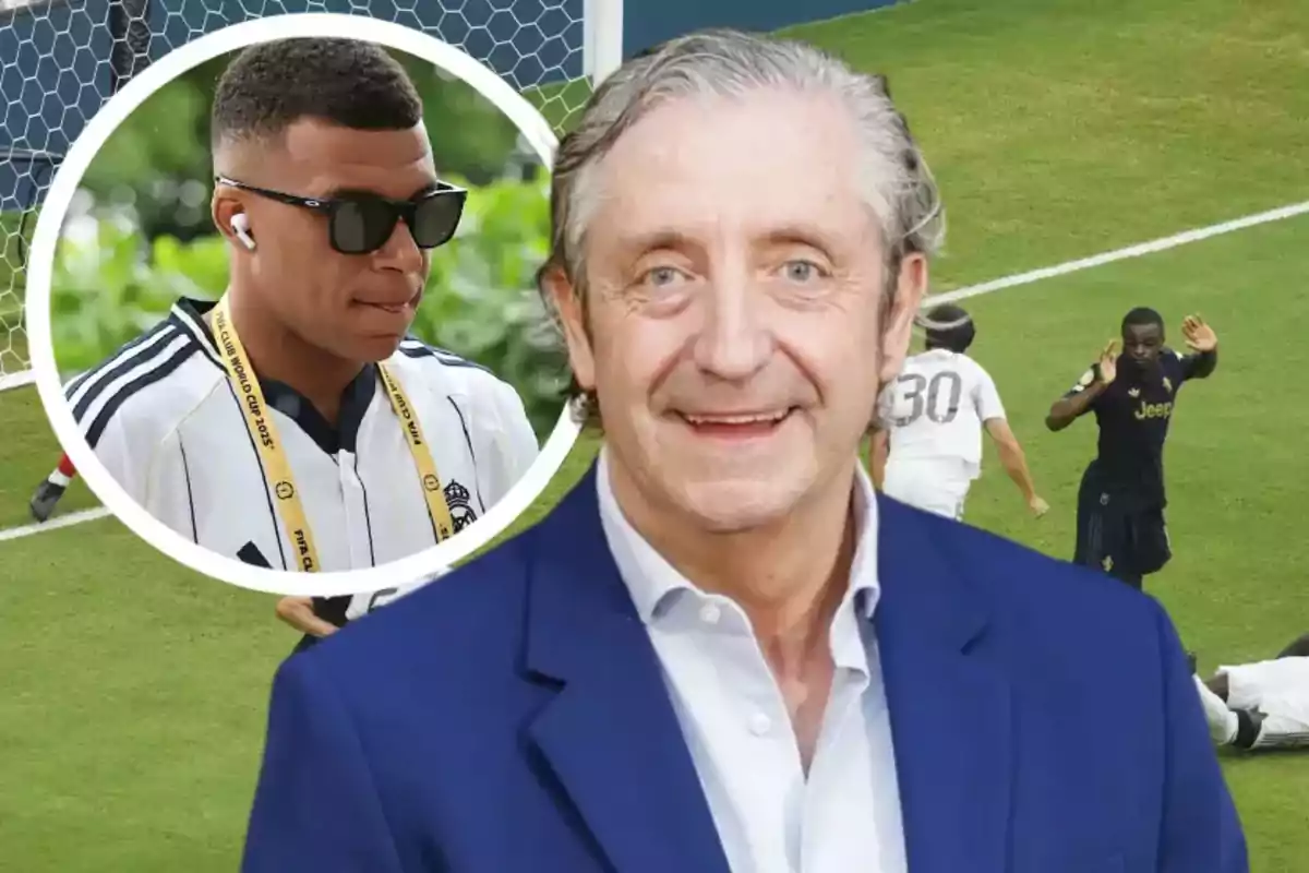 A gray-haired man in a blue suit smiles at the front, while in the background there is a soccer scene and a box showing a young man wearing sunglasses and a sports jersey.