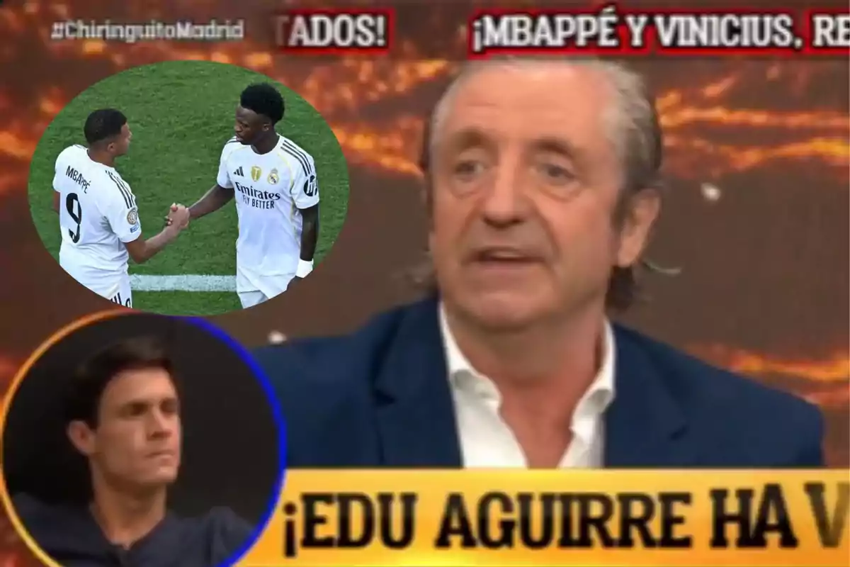 Un presentador de televisión aparece en primer plano con gráficos de un programa deportivo, en la esquina superior izquierda se muestra a dos futbolistas del Real Madrid dándose la mano y en la parte inferior izquierda hay un recuadro con el rostro de otro hombre.