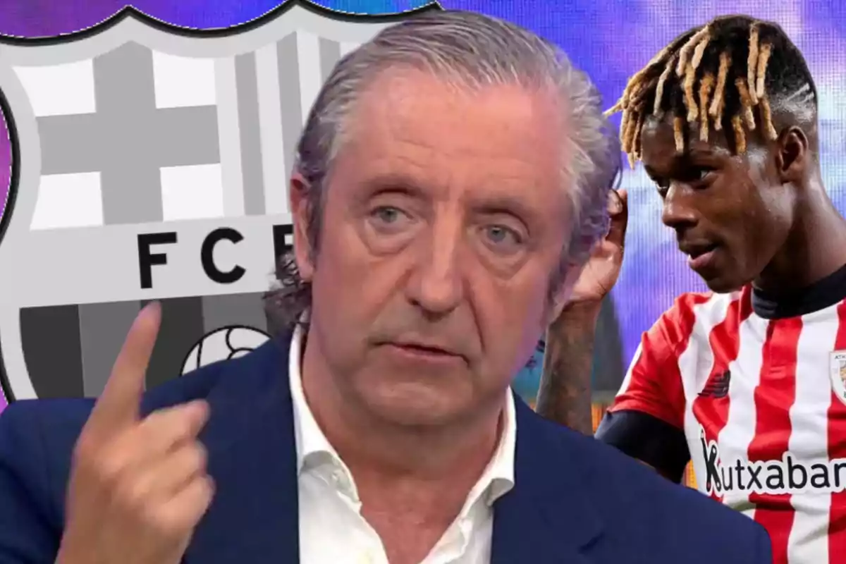 Un hombre de cabello canoso con expresión seria aparece en primer plano, al fondo se observa el escudo del FC Barcelona y un futbolista con uniforme rojiblanco