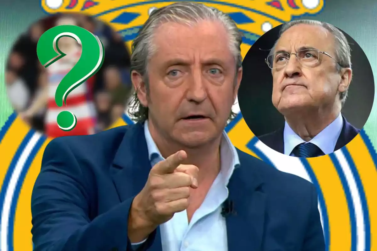 Gray-haired man pointing forward with the Real Madrid crest in the background and two circles, one with a green question mark and another with an older man wearing glasses.