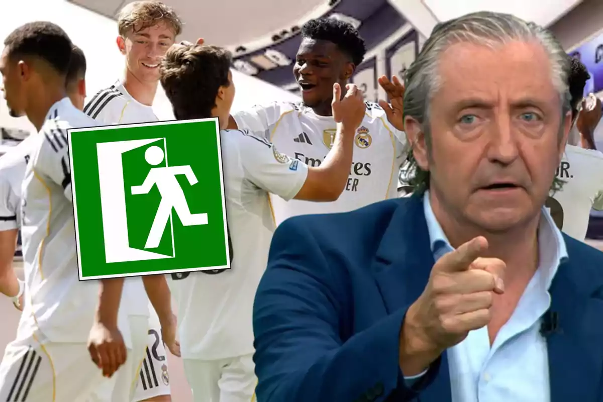 Un grupo de jugadores del Real Madrid celebrando mientras un hombre de traje señala al frente y un símbolo de salida de emergencia aparece sobre la imagen