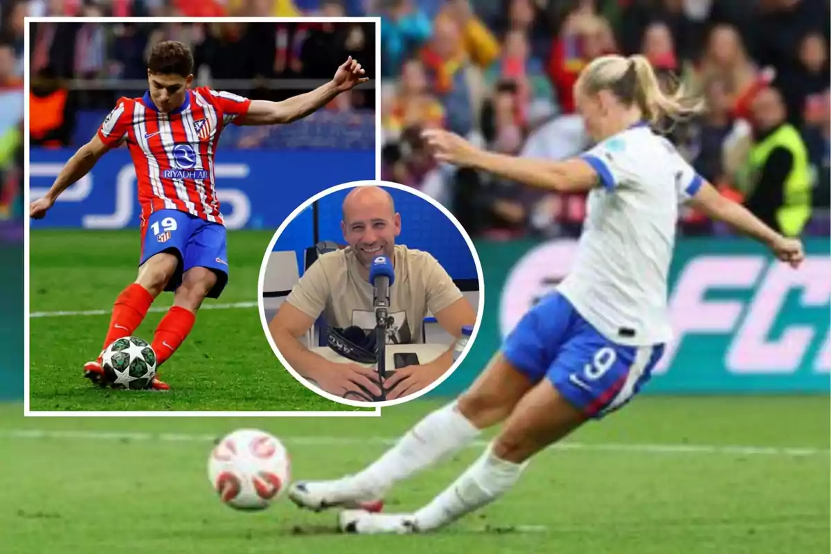 An Atlético de Madrid player and a female player in action during a match, with an inset showing a bald man smiling in front of a microphone.