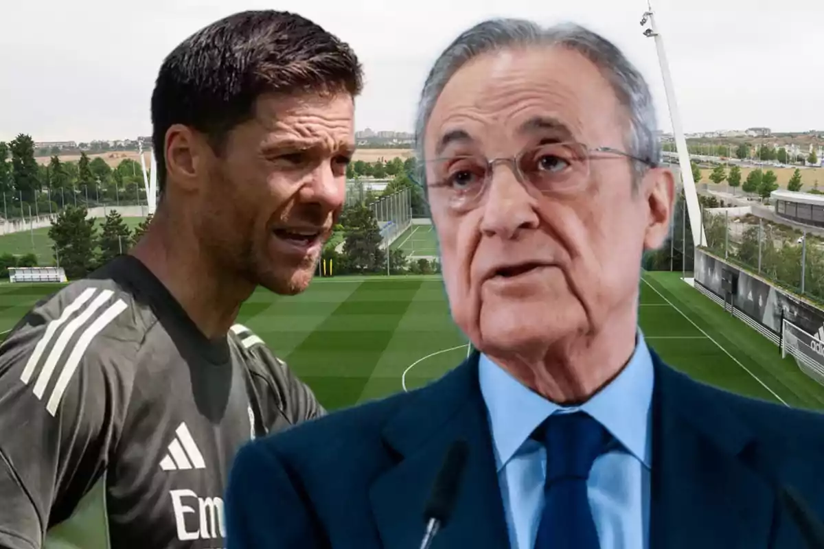Two men in the foreground, one in sportswear and the other in a suit, against the background of a soccer field.