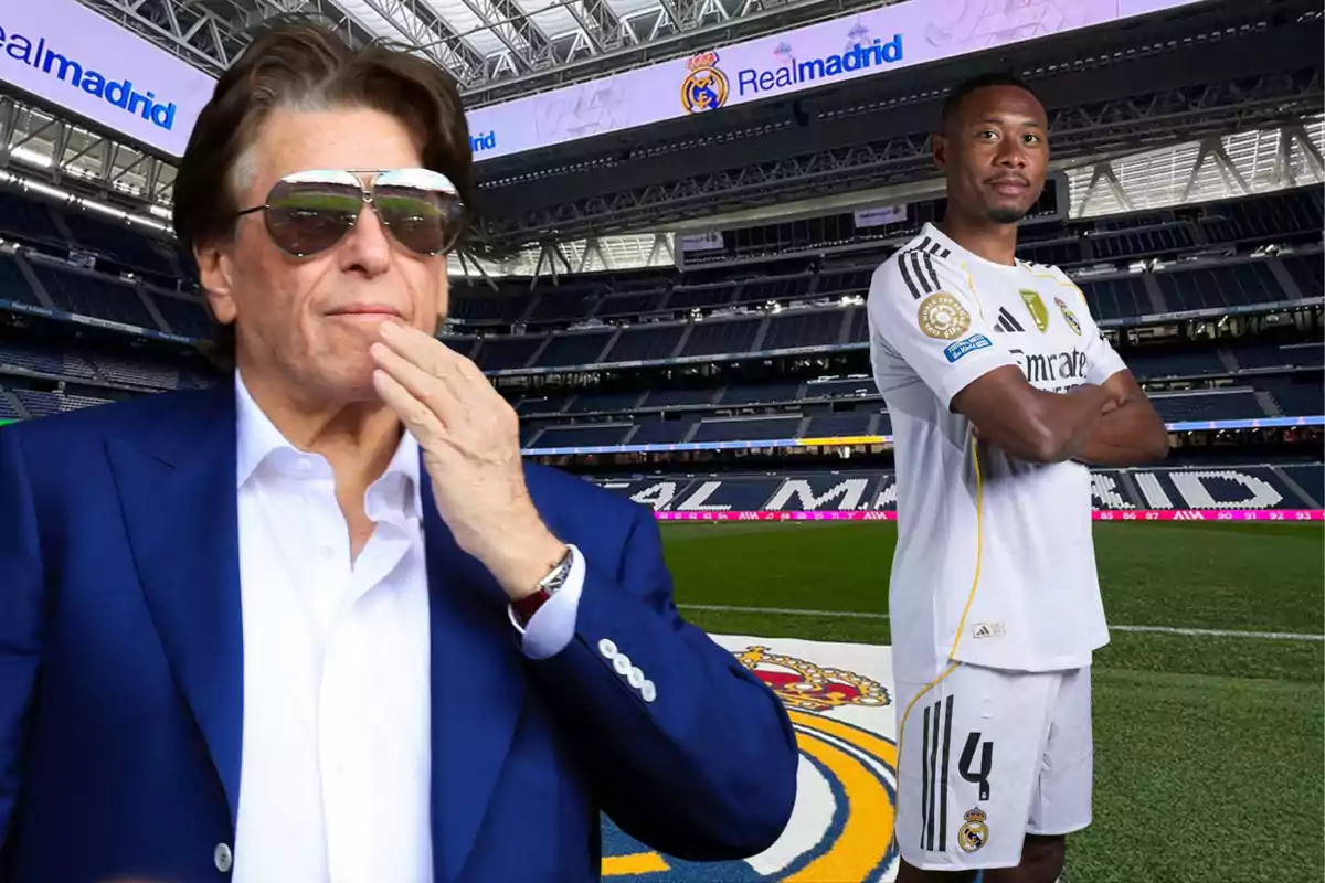A man wearing sunglasses and a blue suit is in the front while a player in a white Real Madrid uniform poses with his arms crossed in the team's stadium.