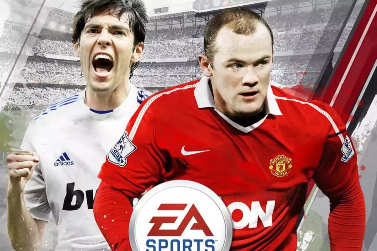 Dos futbolistas con uniformes de Real Madrid y Manchester United aparecen en la portada de un videojuego de EA Sports en un estadio lleno de aficionados
