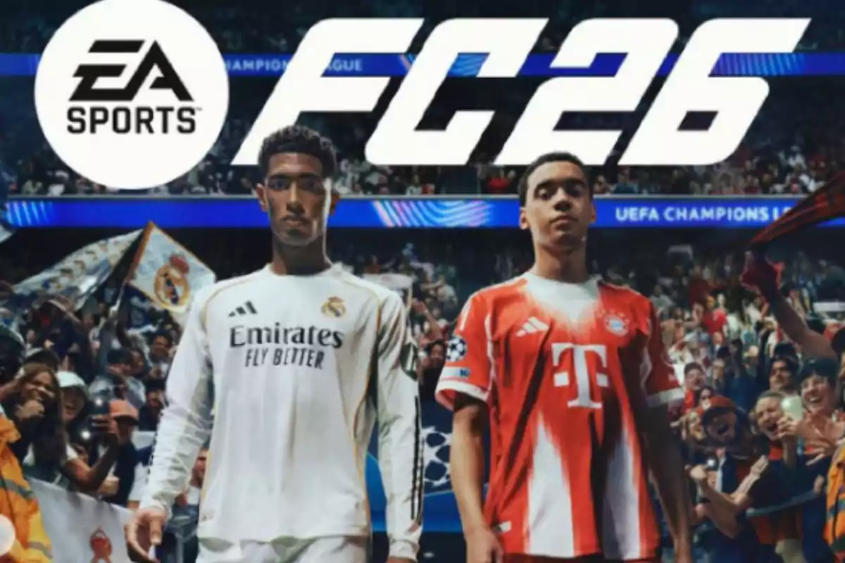 Portada del videojuego EA Sports FC 26 con dos futbolistas de los equipos Real Madrid y Bayern Múnich en un estadio lleno de aficionados