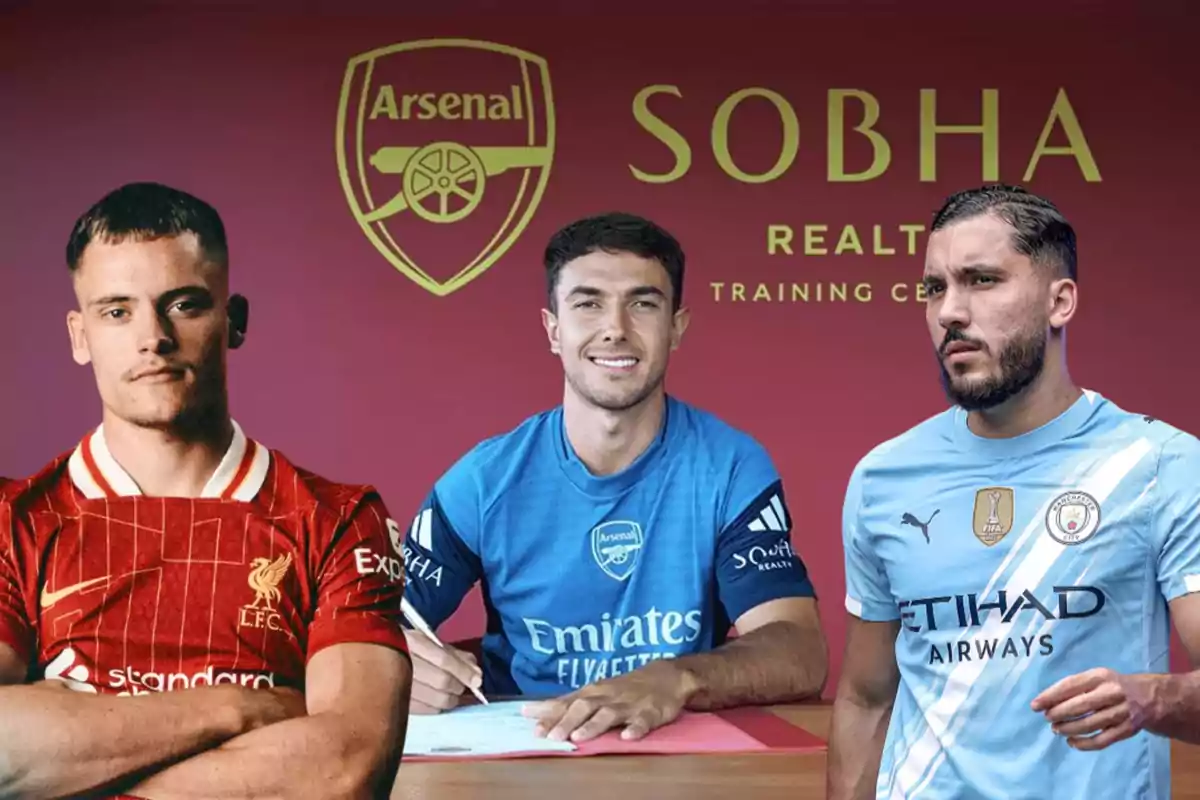 Tres futbolistas con uniformes de Liverpool, Arsenal y Manchester City posan frente a un fondo con el logo de Arsenal y la palabra Sobha