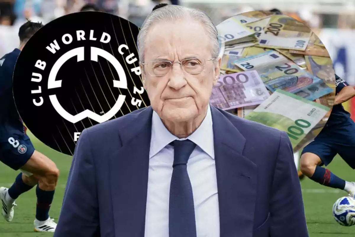 Hombre de traje al frente con fondo de logotipo del Mundial de Clubes 2025, billetes de euro y jugadores de fútbol en acción