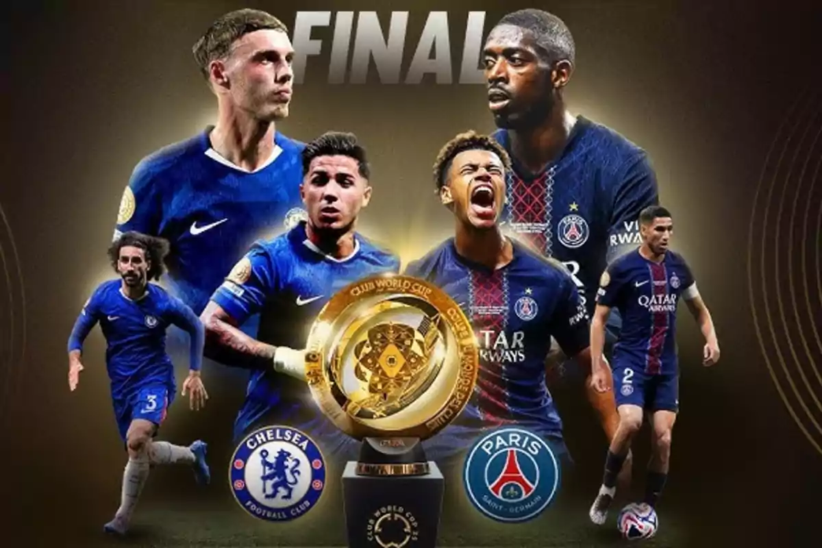Chelsea and Paris Saint-Germain players pose with the Club World Cup trophy with the final text in the background. Chelsea and Paris Saint-Germain players pose with the Club World Cup trophy with the final text in the background.