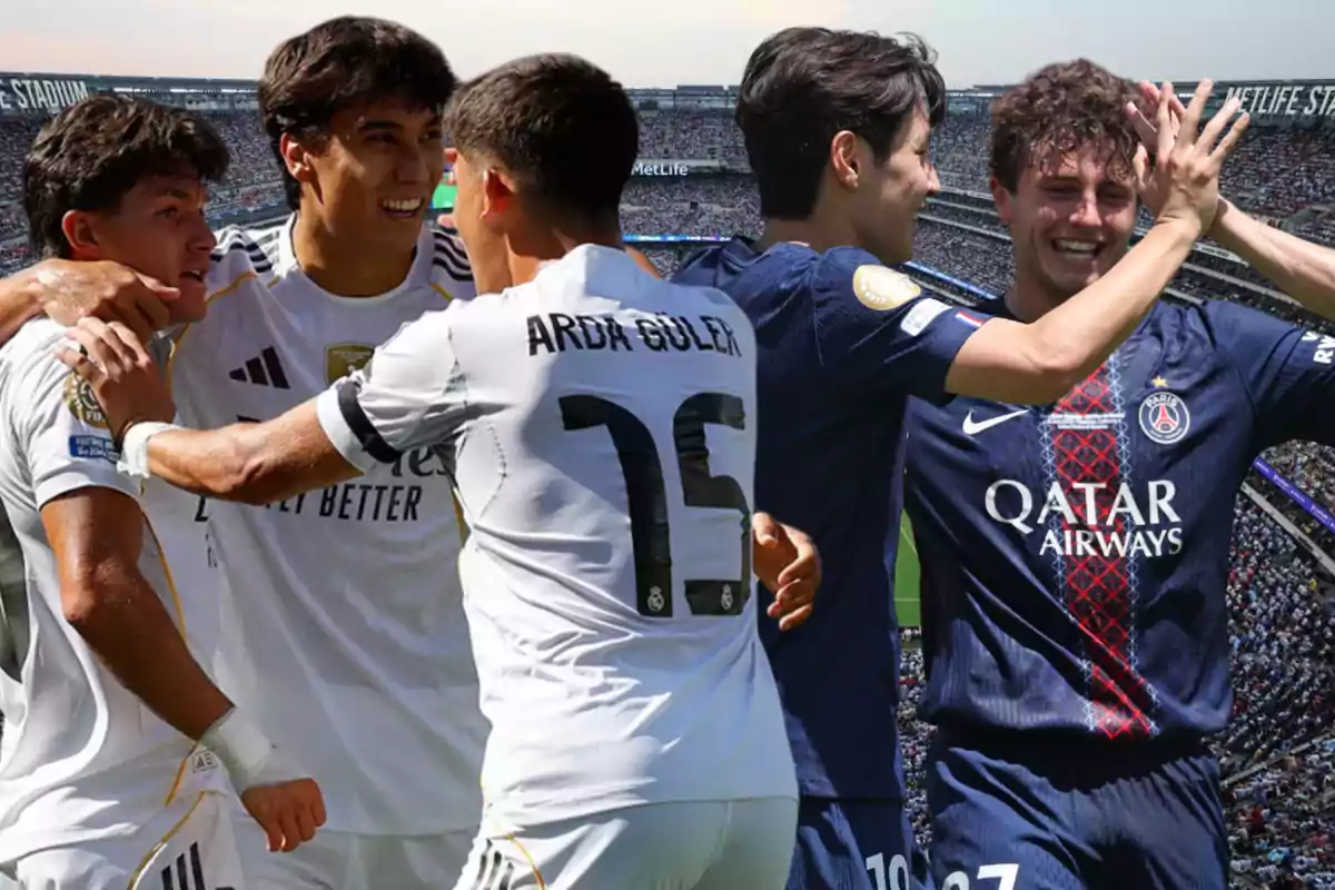 Real Madrid and PSG players celebrate during a match in a stadium full of fans.