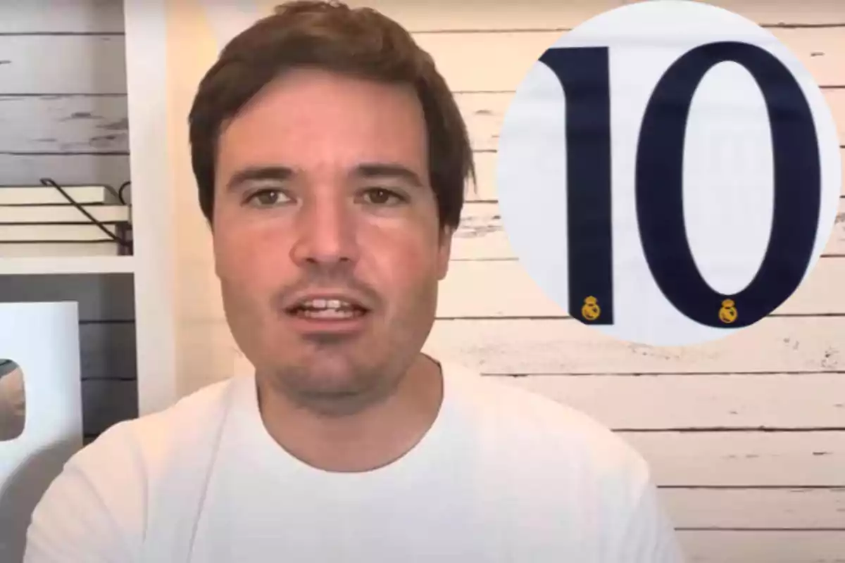 Brown-haired man in a white t-jersey speaking in front of the camera with a large circle displaying the number 10 and a small Real Madrid crest.