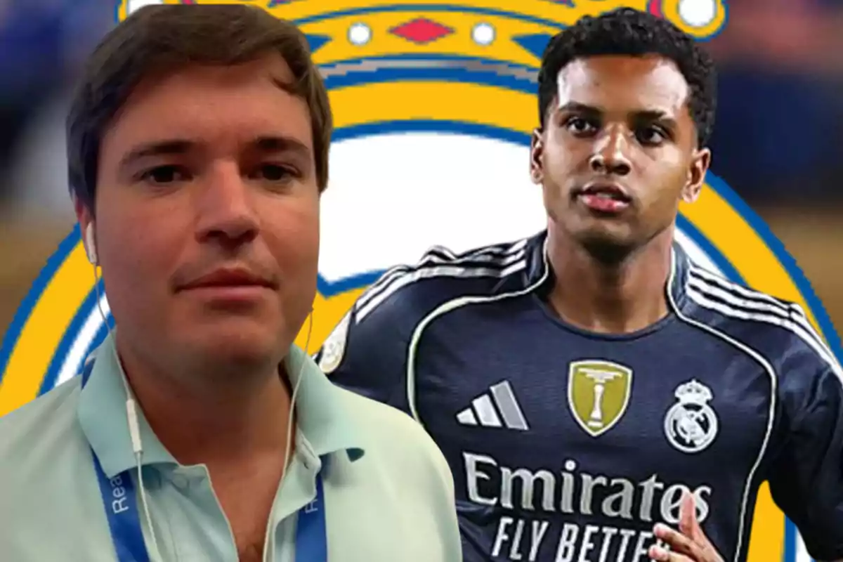 Dos personas en primer plano con el escudo del Real Madrid de fondo, una de ellas lleva auriculares y la otra viste el uniforme del equipo de fútbol.