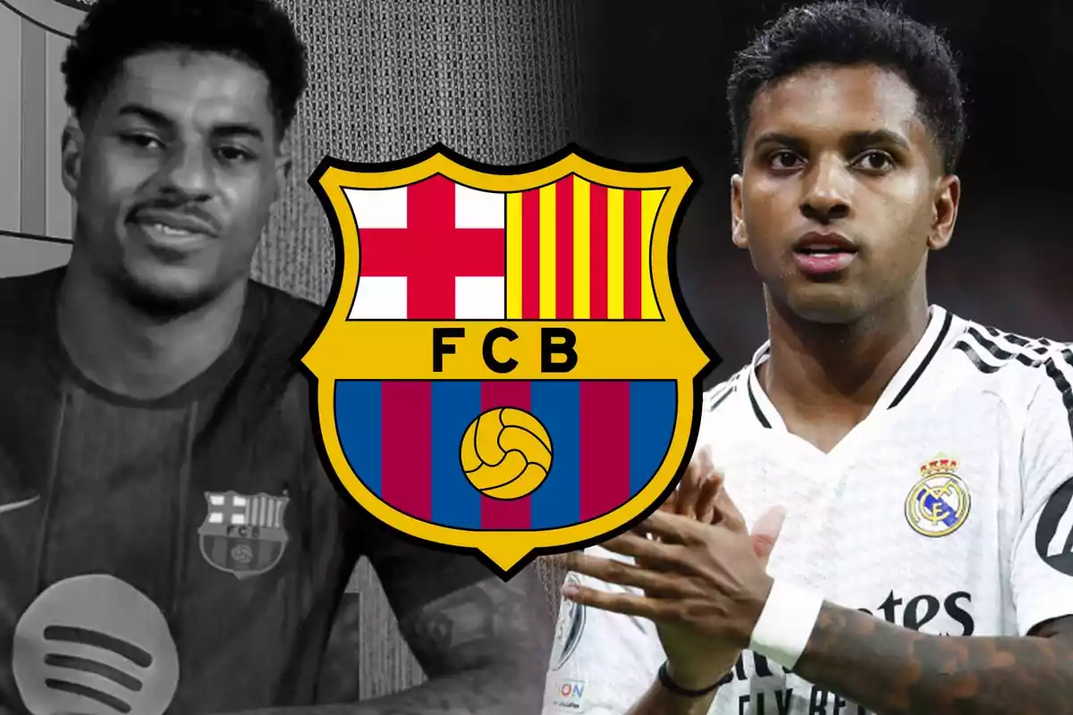 Two players wearing the jerseys of Barcelona and Real Madrid appear on either side of the FC Barcelona crest in the center of the image.