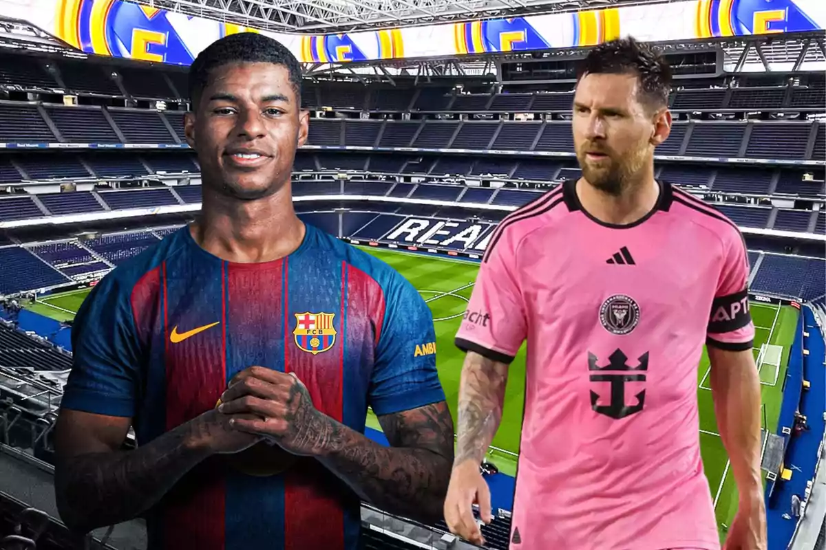 Two players wearing Barcelona and Inter Miami uniforms pose in an empty Real Madrid stadium.