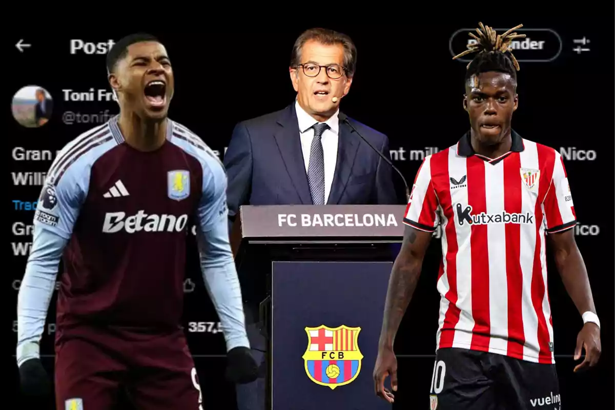 An FC Barcelona executive is on a podium with the club’s crest while next to him are two footballers, one wearing the Aston Villa kit and the other in the Athletic Club kit, against a dark background with blurred text.