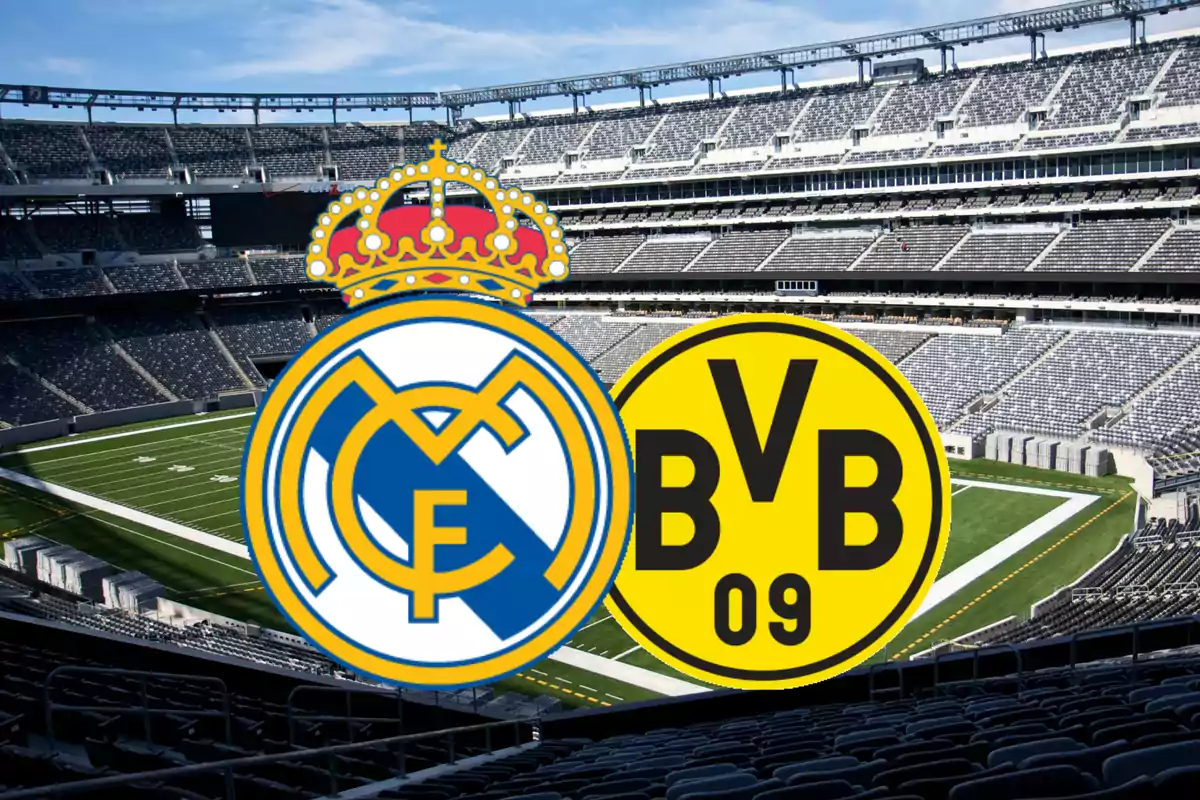 Logos de Real Madrid y Borussia Dortmund sobrepuestos en un estadio vacío