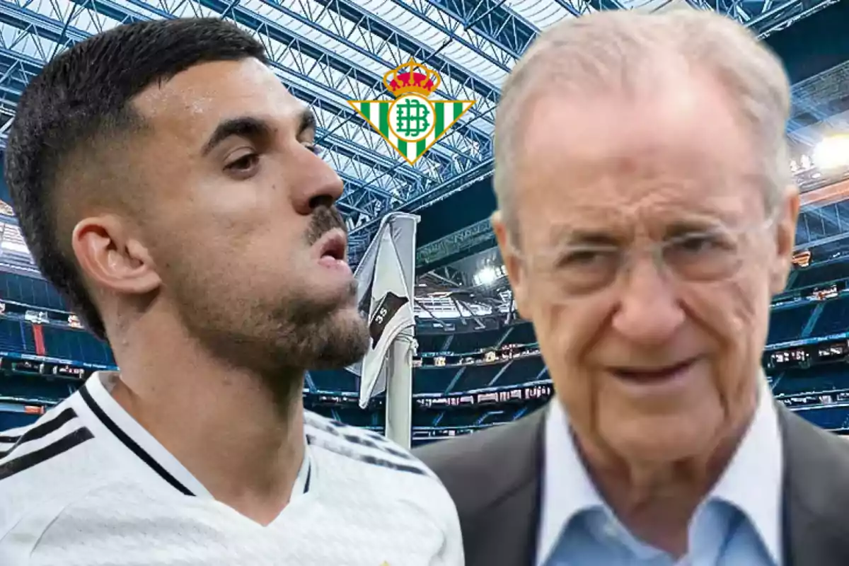 Un futbolista con camiseta blanca y un hombre mayor de traje aparecen en un estadio de fútbol con el escudo del Real Betis al fondo