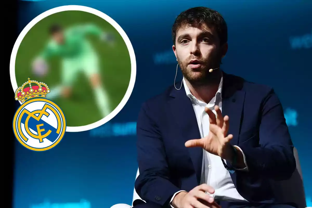Un hombre con micrófono de diadema hablando mientras aparece un recuadro con un portero de fútbol desenfocado y el escudo del Real Madrid