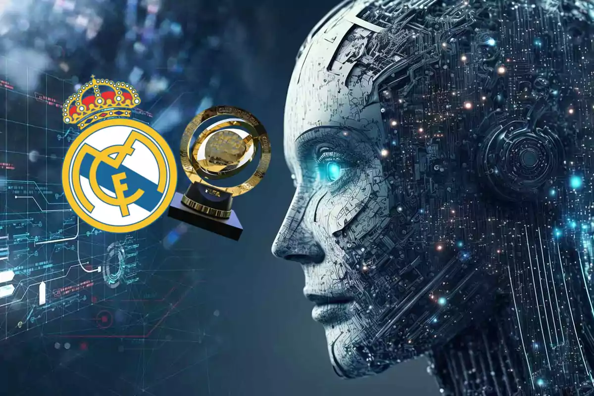 Un rostro de robot futurista observa hacia la izquierda donde aparecen el escudo del Real Madrid y un trofeo dorado sobre un fondo tecnológico.