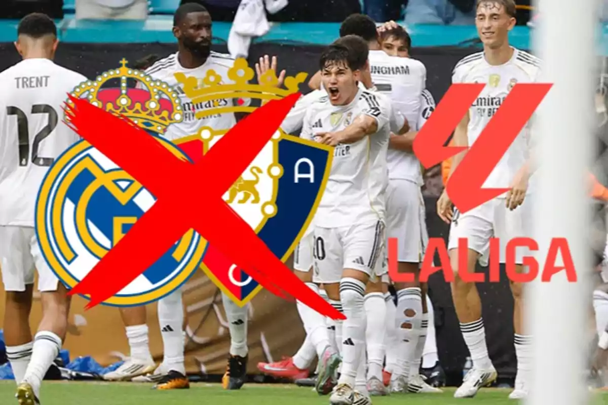 Real Madrid players celebrating a goal with a large red cross over the Real Madrid and Osasuna crests and the LaLiga logo in the foreground