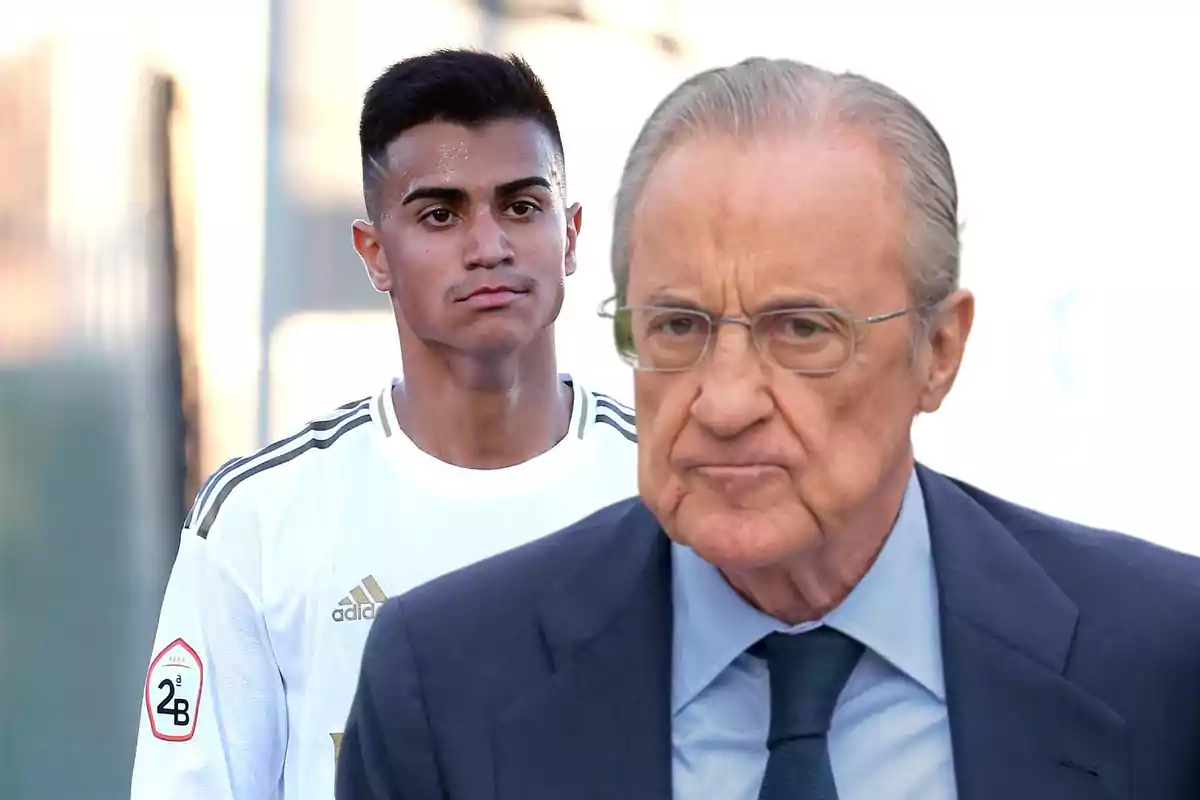 Un joven futbolista con uniforme blanco y un hombre mayor con gafas y traje aparecen juntos en la imagen