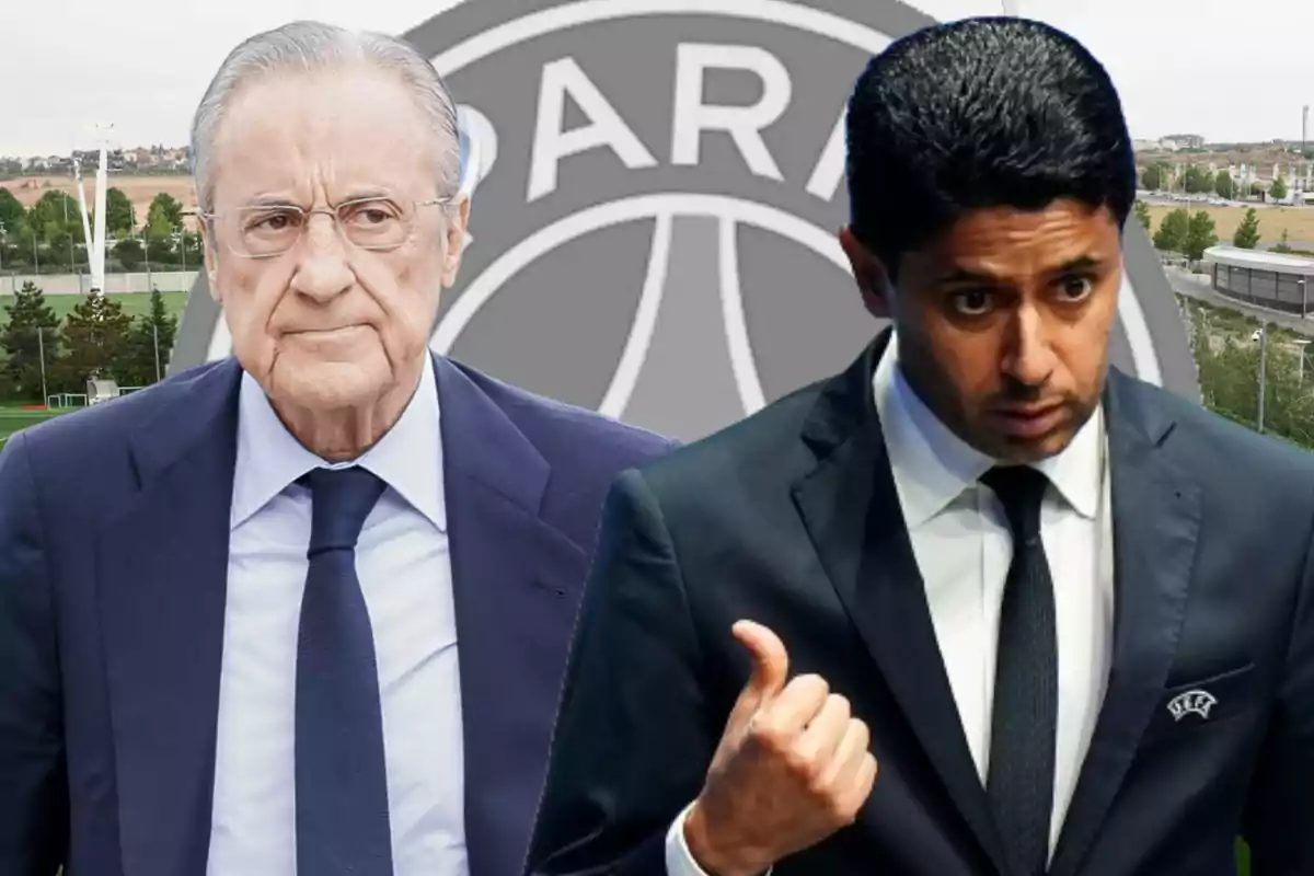 Two men in suits pose in the foreground, one with a serious expression and the other giving a thumbs-up gesture; in the background, a sports field and a black-and-white logo can be seen.