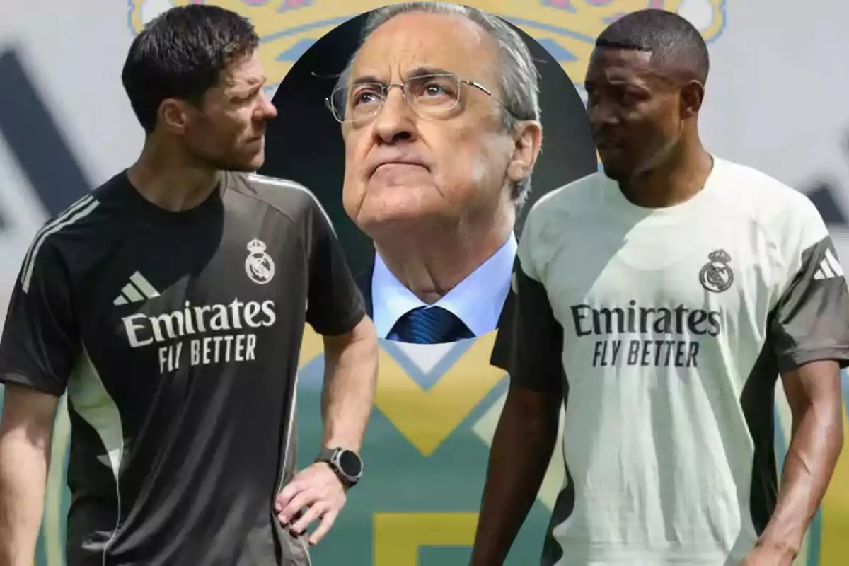 Dos jugadores del Real Madrid conversan en el campo mientras al fondo aparece el rostro de un hombre mayor con expresión seria