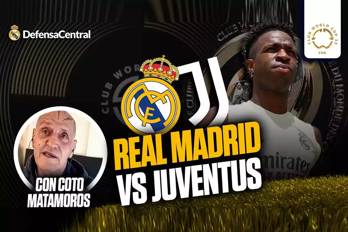 Imagen promocional de un partido entre Real Madrid y Juventus con los logotipos de ambos equipos, un jugador del Real Madrid, el logo del Mundial de Clubes y la foto de un comentarista llamado Coto Matamoros