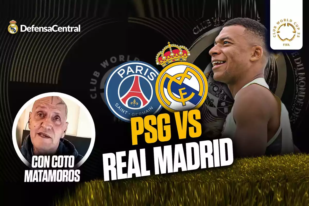 Promotional image of a match between PSG and Real Madrid featuring both teams’ crests, a smiling player, the FIFA Club World Cup logo, and the presence of Coto Matamoros.
