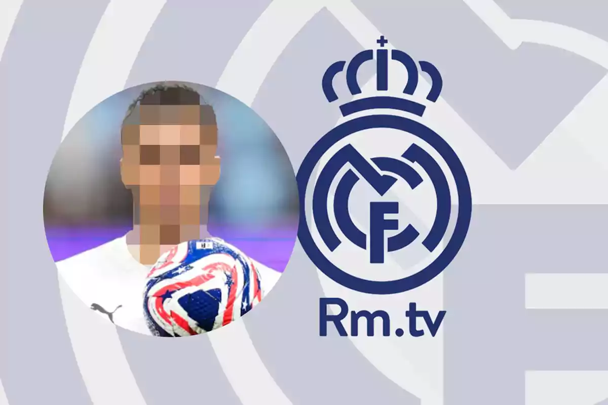 Person with a pixelated face holding a soccer ball next to the Real Madrid logo and the text Rm.tv