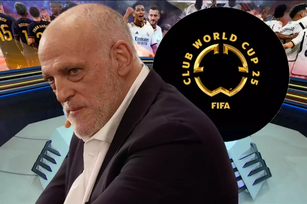 Gray-haired, bearded man in the foreground with a serious expression; in the background, a FIFA Club World Cup 25 logo and players celebrating.