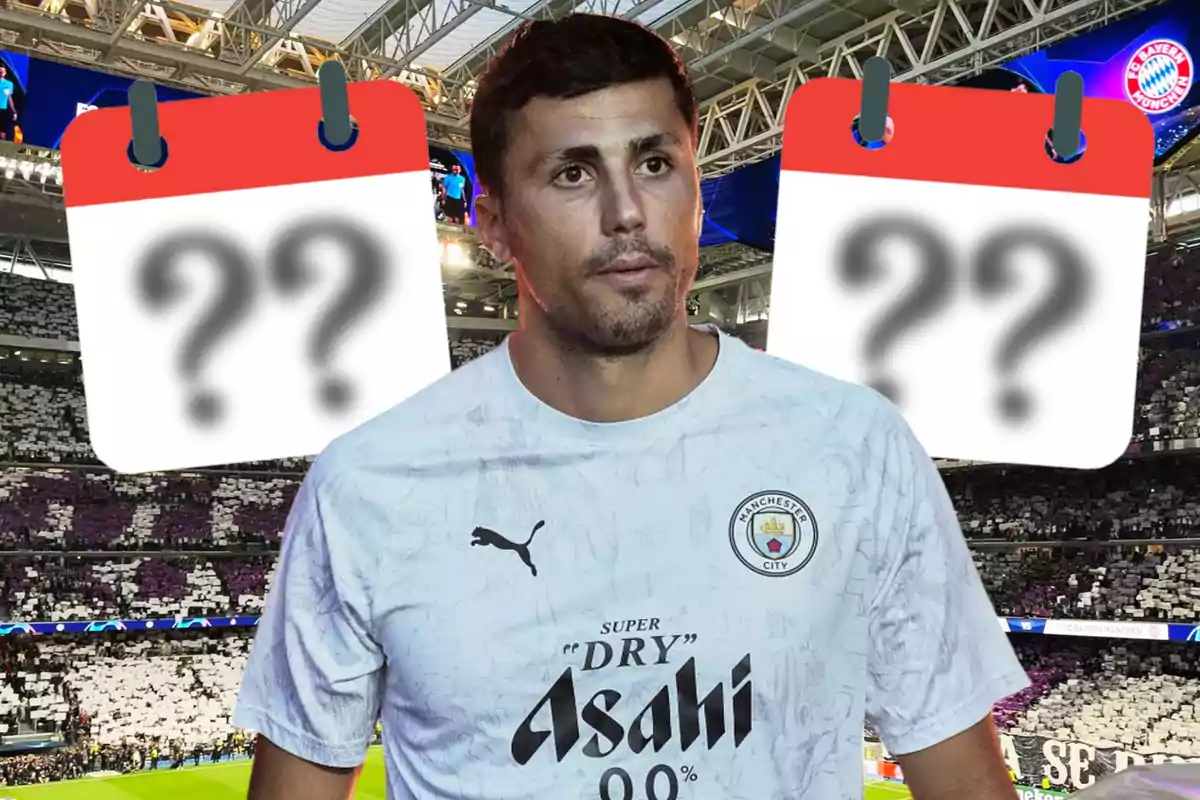 Futbolista del Manchester City en un estadio con dos calendarios desenfocados de fondo