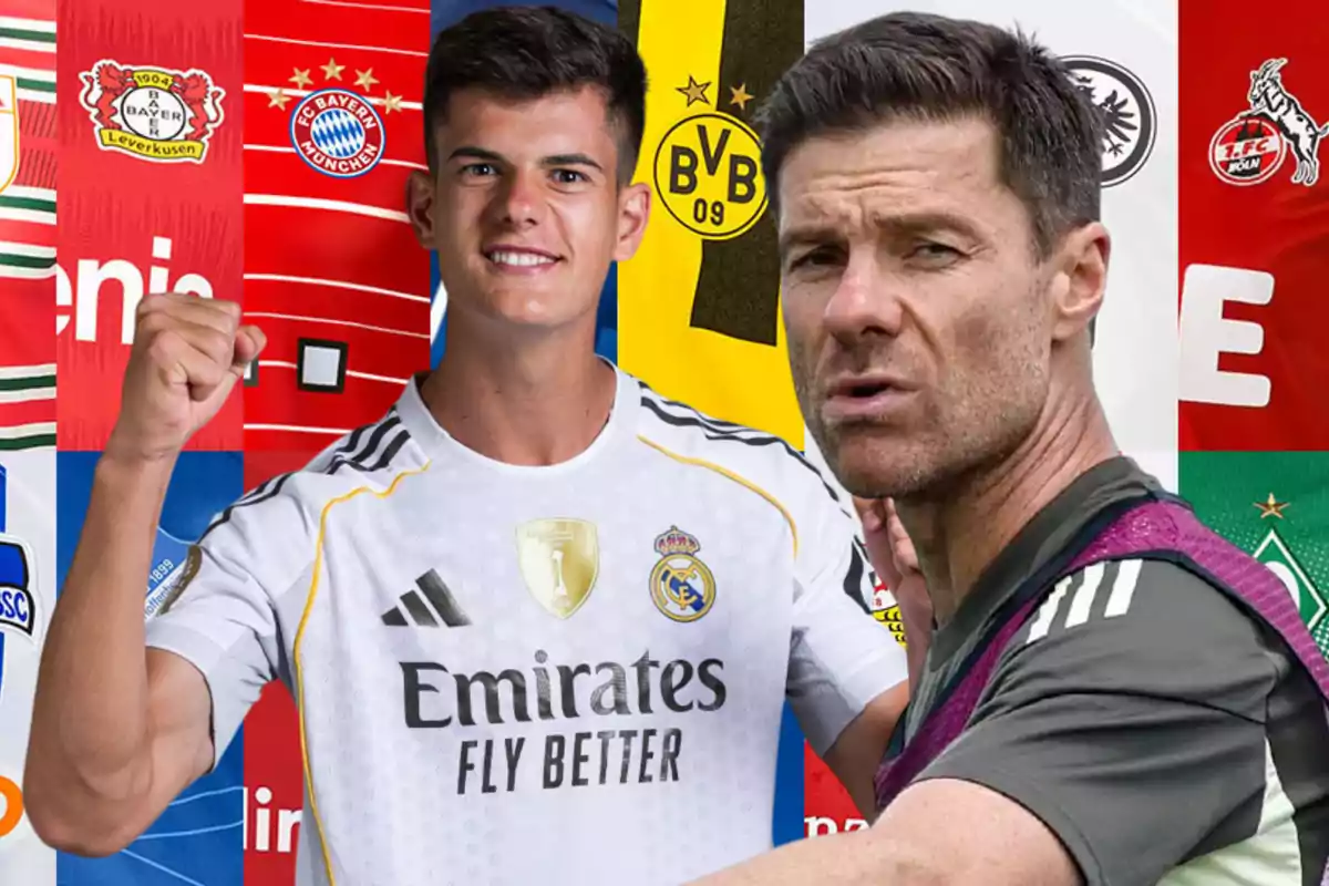 Two men in the foreground, one wearing a Real Madrid jersey and the other in sportswear, with a background of crests and jerseys from German soccer teams.