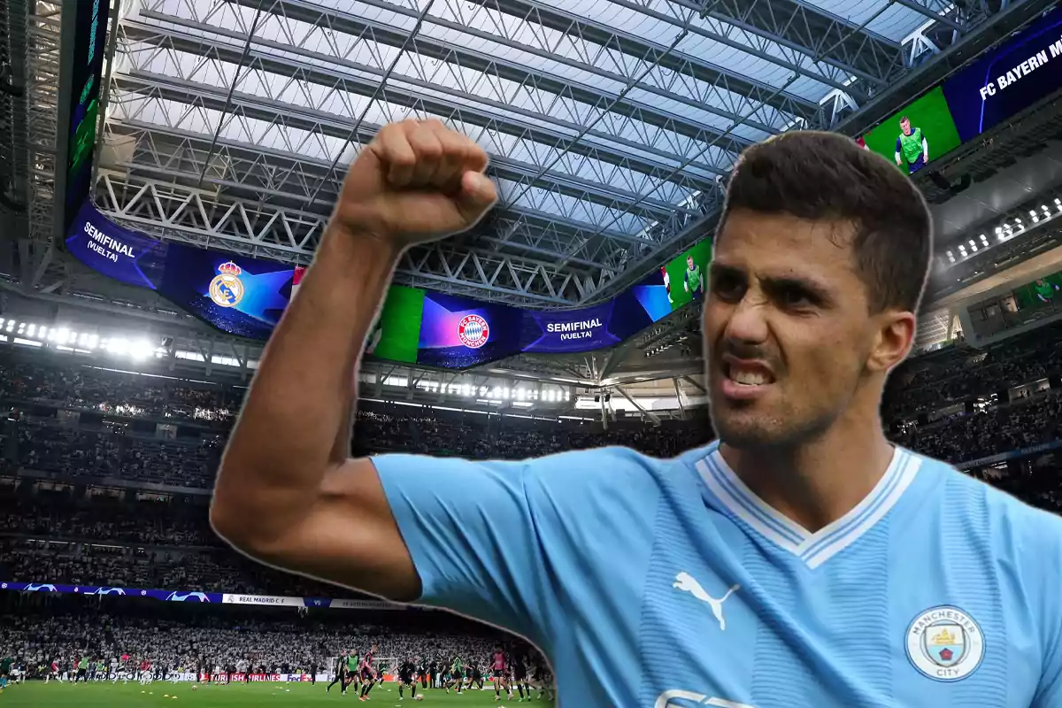 Futbolista del Manchester City celebrando con el puño en alto en un estadio lleno durante una semifinal de la Champions League entre Real Madrid y Bayern Múnich