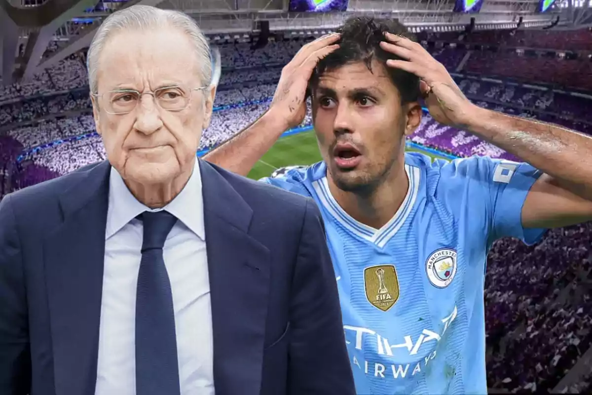 An older man in a suit and a player with a surprised expression in a stadium full of fans