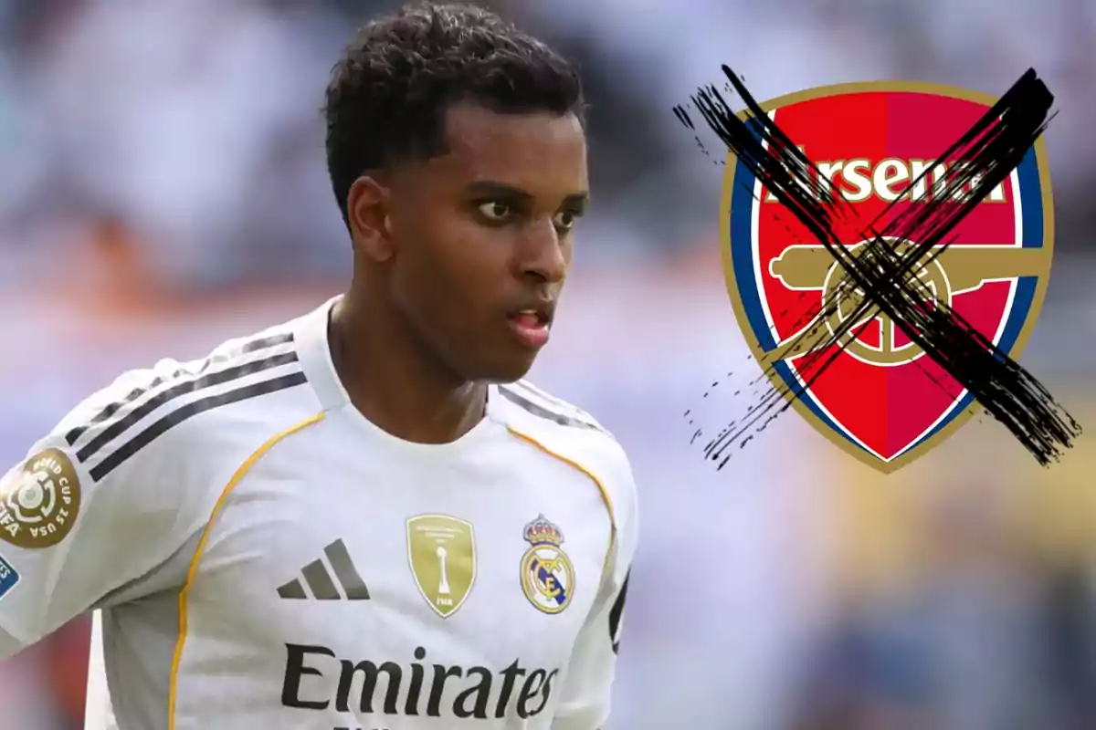 Real Madrid footballer with the Arsenal badge crossed out next to him