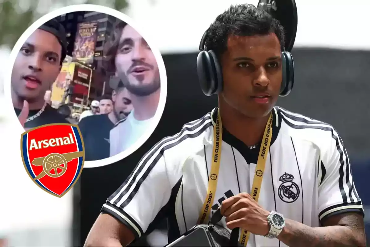 Un futbolista con audífonos y camiseta del Real Madrid aparece en primer plano mientras en un círculo se muestra una escena de dos personas en la calle junto al logo del Arsenal