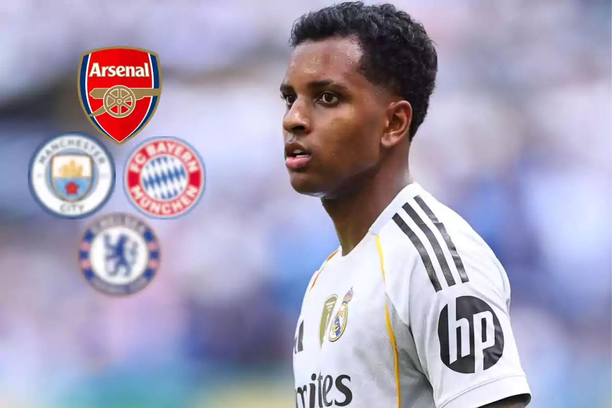 Real Madrid footballer with the crests of Arsenal, Manchester City, Bayern Munich, and Chelsea on his left side